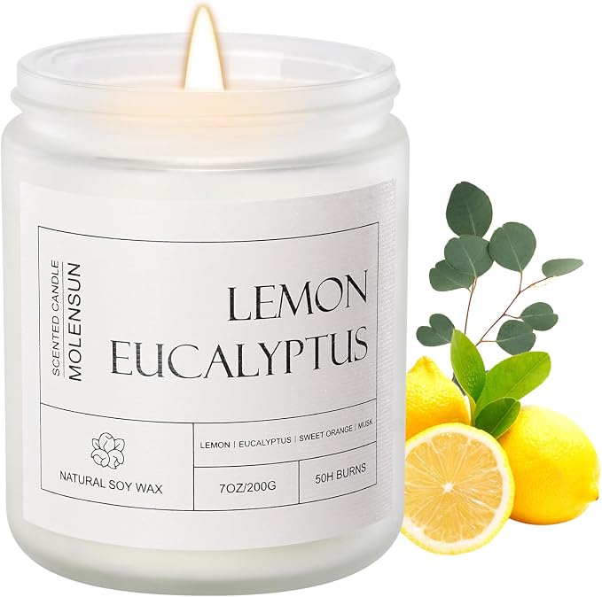 Molensun Lemon Eucalyptus Scented Candle, Soy Wax 7 oz | Bright lemon eucalyptus aromatherapy fragrance; 50H burn long-lasting jar candle; Gift for women
