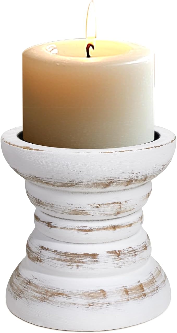 Pillar Candle Holder, Farmhouse Wood Candle Holder, Rustic Wooden Candle Stand, Vintage Small Wooden Candlestick Holders for Living Room, Table Centerpiece, White