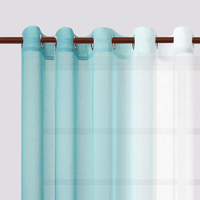 DWCN Ombre Faux Linen Sheer Curtains - Extra Wide Gradient Semi Voile Grommet Top Bedroom and Living Room Curtains, 60 x 84 Inches Long, Set of 2 Window Curtain Panels, Teal Green