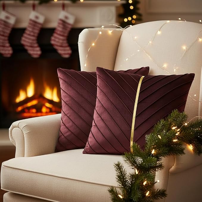 Velvet Throw Pillow Covers 22x22 inch Pack of 2 Gold Decor Burgundy
