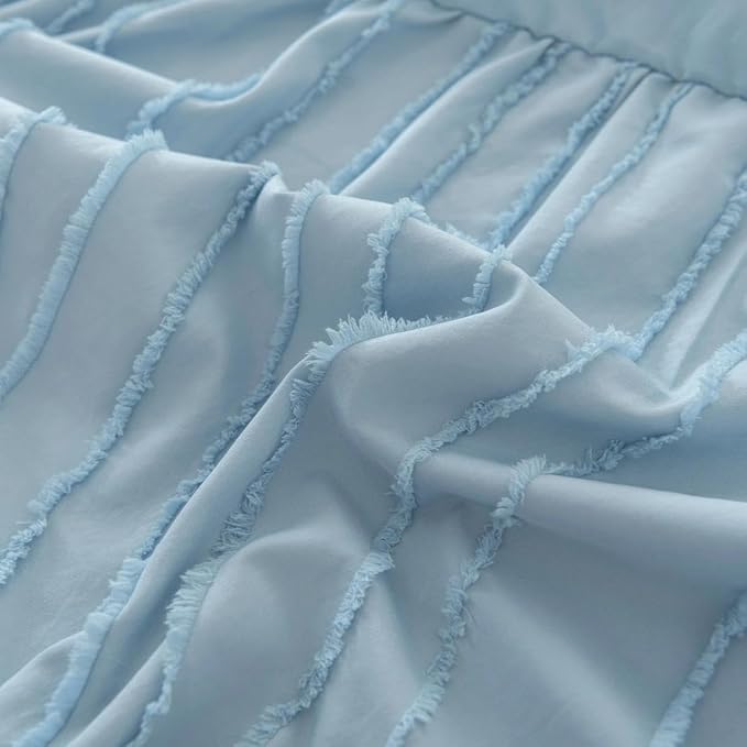 Bed Skirt King Size - Ruffled Bed Skirt - with Split Corners - Sky Blue | Striped Boho Tufted -14 Inch Drop Bedskirt with Platform-Soft Premium Hotel Quality - Easy Fit