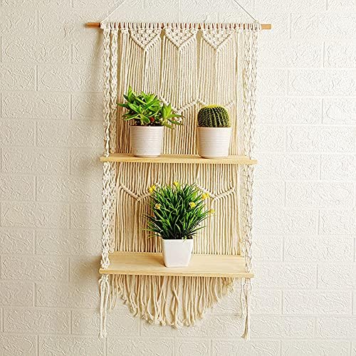 Macrame Wall Hanging Shelf - Boho Indoor Hanging Shelves for Wall - Decorative Bohemian Floating Plants Room Storage Shelving Macrame Rope Decor Organizer Rack, 2 Tier Indoor Handmade Plant Shelves
