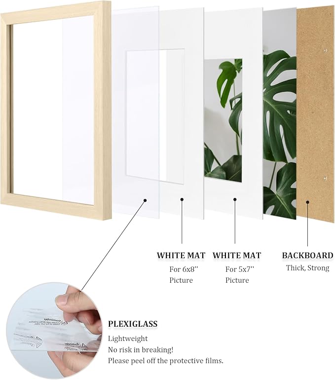 Egofine 8x12 Picture Frames Set of 4, Made of Solid Wood Covered by Plexiglass 5x7 and 6x8 with Mat or 8x12 without Mat, for Table Top Display and Wall Mounting Photo Frame Oak Wood