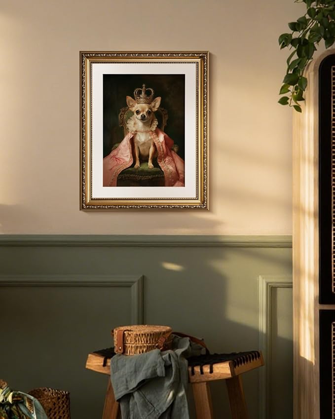WHASAYART Vintage Gold Framed Royal Dog Portrait Canvas Wall Art | Victorian Style Chihuahua Wall Decor, Classic Pet Living Room Bedroom Home Office Decor, 13x16" Waterproof Canvas Painting
