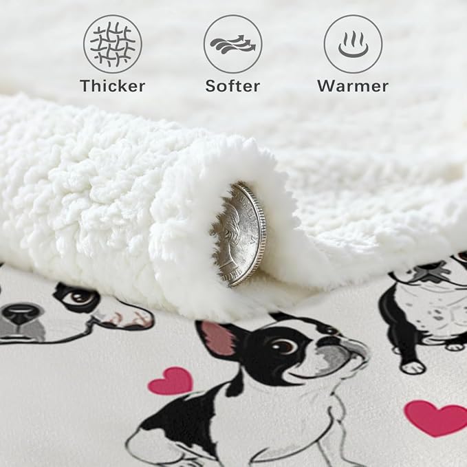 BlessLiving Boston Terrier Sherpa Blanket Queen Blanket Queen | Sherpa; Soft; BlessLiving Boston Terrier Sherpa Blanket Queen; Size; 90x90; Inches; 3D; Red; Hearts; Puppy; Dog; Print