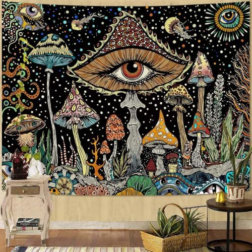 Neasow Hippie Mushroom Tapestry, Abstract Fantasy Eye Wall Hanging, Aesthetic Cute Nature Dot Art Decor for Bedroom Dorm Living Room, 44x60 inches