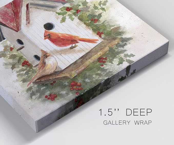 Renditions Gallery Christmas Abstract Wall Art Holly Red Cardinal Birdhouse Canvas Hanging Artwork Prints for Bedroom Living Room & Kitchen Decorations - 32"X32" LT05
