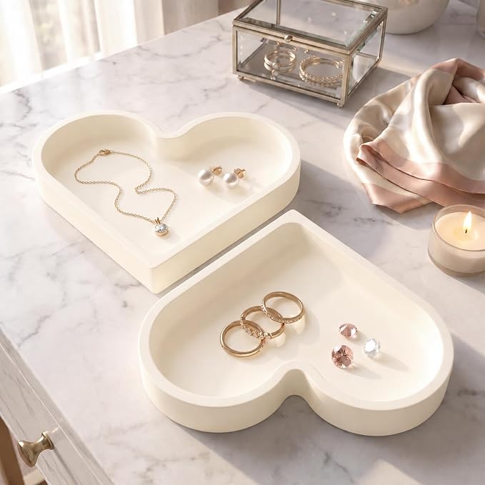 2 Pack Heart Shape Silicone Jewelry Tray, Soft Shatterproof Ring Dish, Small Trinket Tray for Necklace Earrings Keys, Cute Vanity Organizer, Home Decor Gift for Mom Sister Daughter Girlfriend, Beige