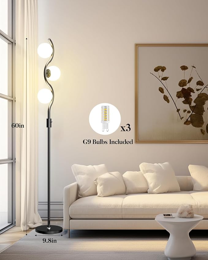 3 Globe Floor Lamp Dimmable Black Floor Lamps with 3 Soft Warm White 3000K Bulbs, Mid Century Modern Standing Tall Lamp with 5Lbs Heavy Basefor Living Room Bedroom Home Decor Sofa Beside