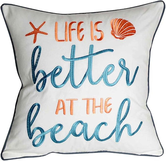 Embroidered Life is Better At The Beach Throw Pillow Cover,Square 18 inches Decorative Canvas Pillow Cover with Life is Better At The Beach Pattern,Cover Only