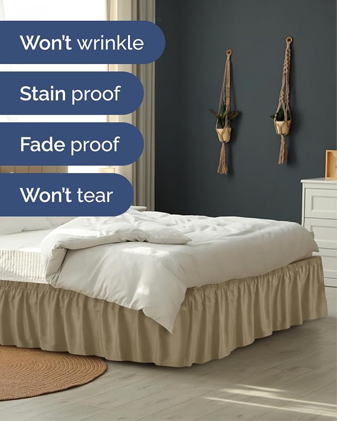 Wrap Around Dust Ruffle Bed Skirt - Khaki - for King Size Beds w/ 21 Inch Drop - Easy Fit Elastic Strap - Adjustable Pleated Bedskirt w/Brushed Fabric - Wrinkle & Fade Free - Women, Men, Kids & Teens