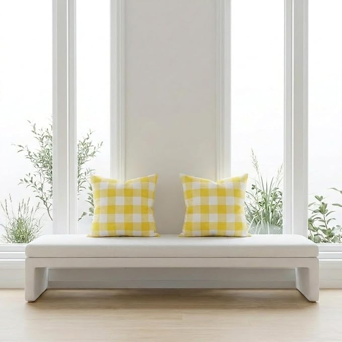 Yellow and White Summer Outdoor Buffalo Plaid Pillow Covers 18x18 Set of 2, Yellow Outdoor Decorative Patio Throw Pillows 18 x 18, Buffalo Check Pillow Covers for Patio Furniture (No Pillow Inserts)
