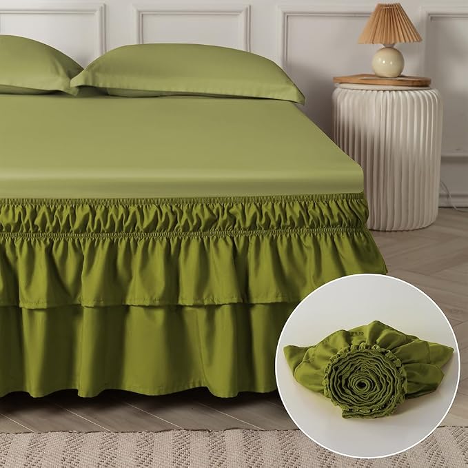 Double-Layered Ruffled Bed Skirt,Deep Sage Green,Full/Queen, 14" Drop | Wrap Around, Adjustable Elastic, 2 Layer, Machine Washable Soft Fabric, Multi Ruffle Bedskirt