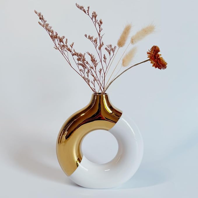White and Gold Donut Vase, Modern Ceramic Vase for Pampas Grass, Perfect Centerpiece for Weddings, Living Room, and Office Decor (White Gold, S)