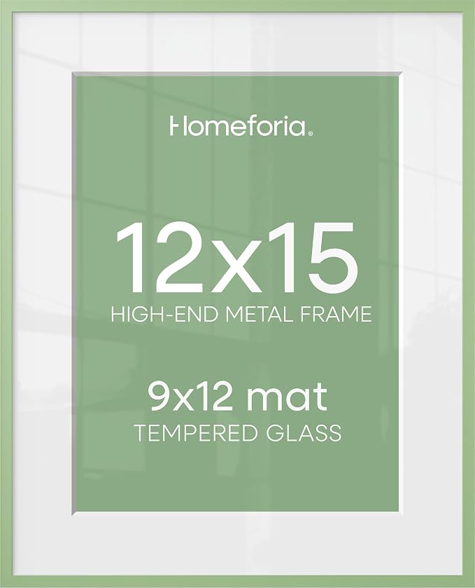 Homeforia 12x15 Green Picture Frame, High-End Metal, 9x12 Mat, Glass