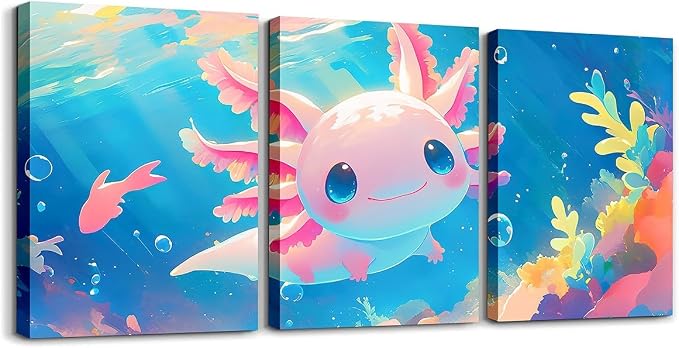 Feelyou Cute Axolotl Canvas Wall Art Kids Bedroom Wall Decor For Living Room Office Wall Decor Ocean Sealife Painting Framed Wall Pictures 3 Piece Ready To Hang for Bathroom Home Decor