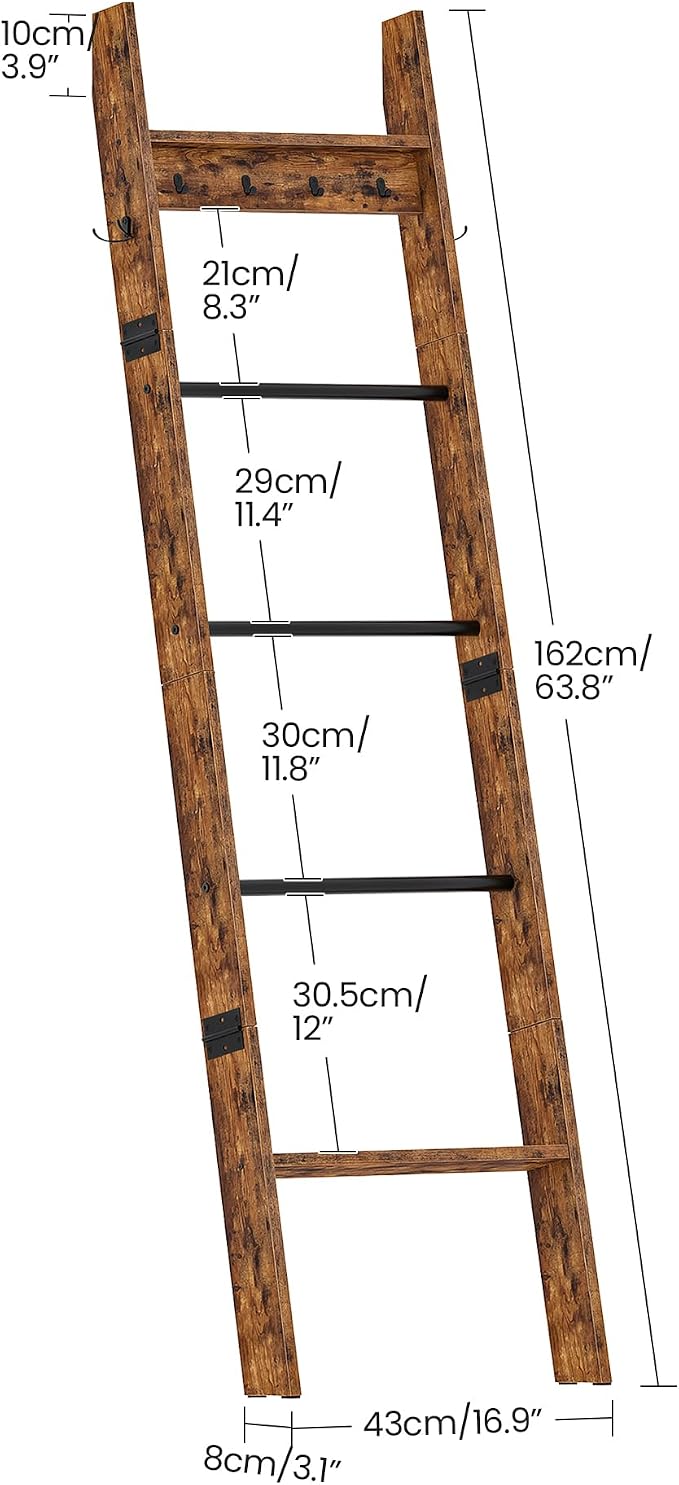 CHOEZON 5-Tier Blanket Ladder, Wooden Blanket Display Rack, Towel Ladder with Hooks, Wall Leaning Display Shelf, for Living Room, Bedroom, Balcony, Rustic Brown and Black MCJ02FG