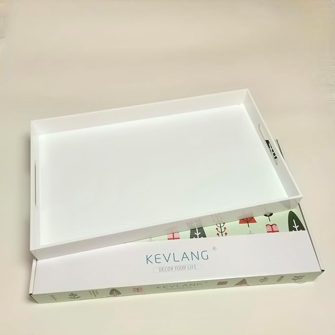KEVLANG Glossy White Sturdy Acrylic Serving Tray with Handles-12x20 Inch-Serving Coffee Appetizer Breakfast-Kitchen Countertop Makeup Drawer Organizer-Vanity Table Ottoman Decorative Tray