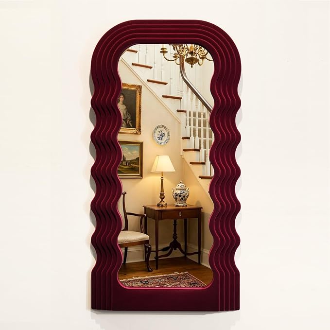 Wine Red Mirror Wall Decor for Vintage Living Room Bedroom,14x28 | Soft Flocking Touch,Decorative Mirror for Entry Porch Staircase,Retro Modern Hanging Wall Art Gift for Grandma Mom Sister