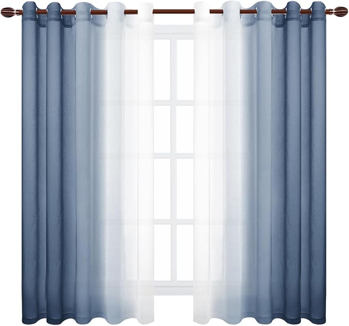 DWCN Blue Ombre Faux Linen Sheer Curtains - Extra Wide Gradient Semi Voile Grommet Top Bedroom and Living Room Curtains, 60 x 63 Inches Long, Set of 2 Window Curtain Panels, Denim Blue