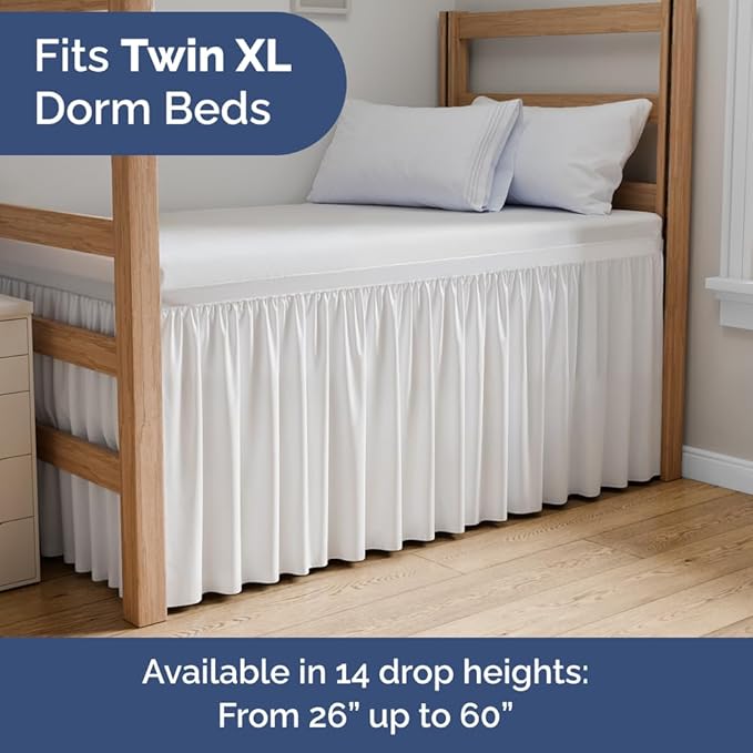 Dorm Room Bed Skirt Twin XL - College Dorm Room Essentials - White, 36 Inch | Extra Long Dust Ruffled College Bedskirt with Split Corners, Easy Fit Elastic Strap, Adjustable, Fade & Wrinkle Free