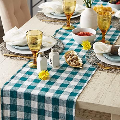 DII Fringed Check Tabletop, Table Runner, 14x72, Teal