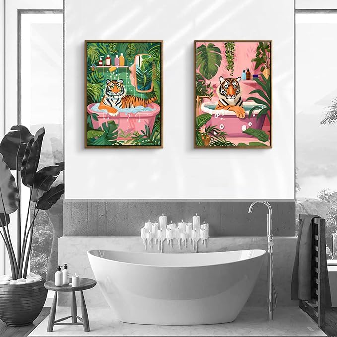 2 Pack Whimsical Tiger In Bathtub Wall Art Funny Bathroom Wall Art 16"x24" | Jungle Bathroom Decor, Funny Animal Wall Art, Bathroom Wall Art, Wall Art Set of 2, Tiger Wall Art, Ready to Hang
