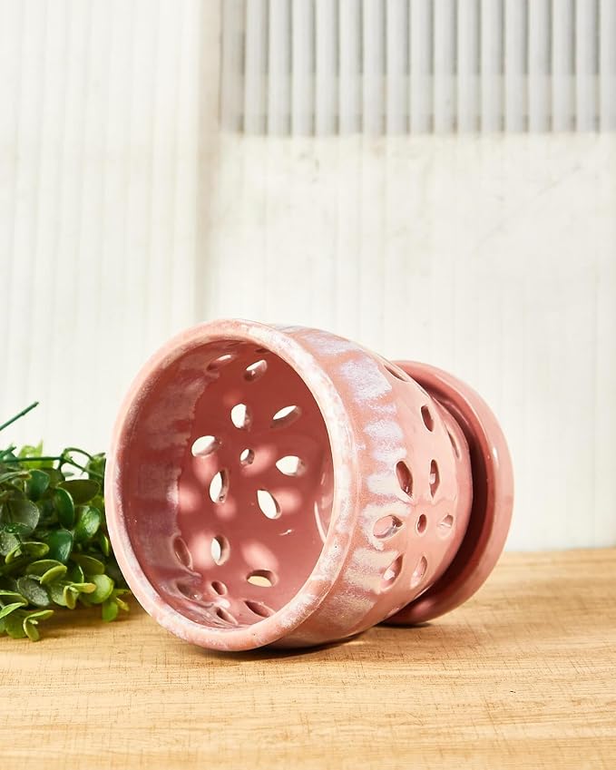 vensovo 5 Inch Ceramic Orchid Pot with Holes and Saucer, Pink