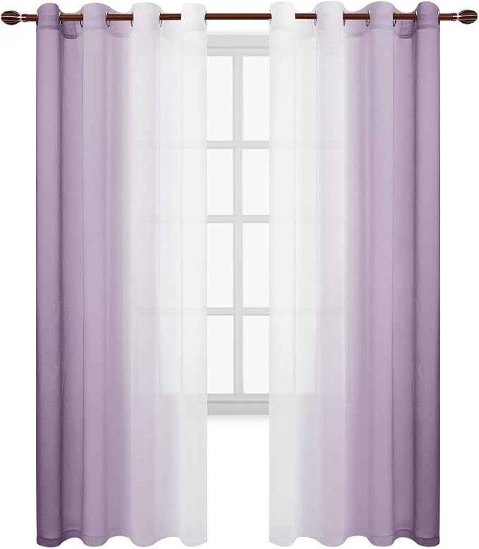DWCN Ombre Faux Linen Extra Long Sheer Curtains - Semi Voile Gradient Grommet Top Curtains for Bedroom and Living Room, 52 x 102 Inches Long, Set of 2 Window Curtain Panels, Lavender