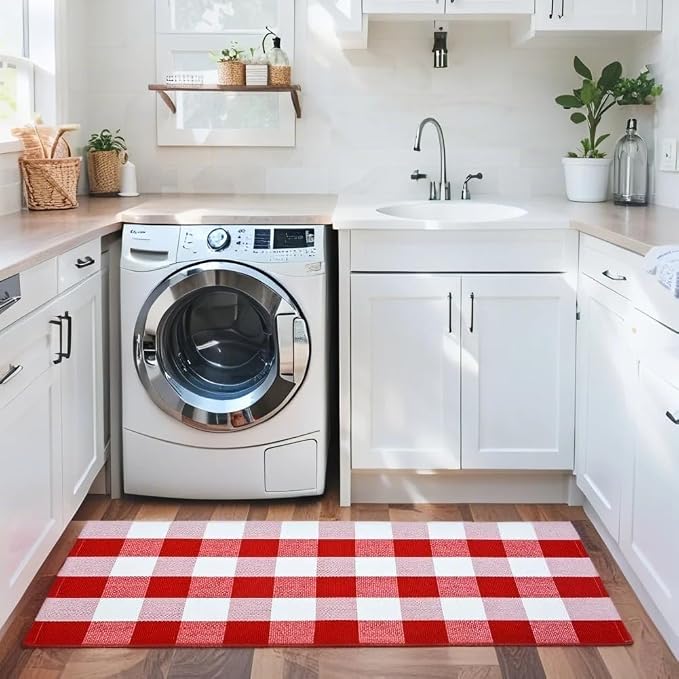 USTIDE Cotton Buffalo Plaid Rug Red&White Check Rugs 23.6"X51" Hand-Woven Indoor or Outdoor Rugs for Layered Door Mats Washable Carpet for Front Porch/Kitchen/Farmhouse/Entryway