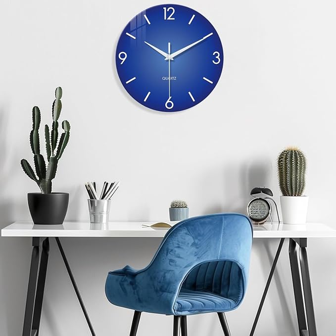 XFM Blue Glass Wall Clock 14 Inch Modern Simple | Battery Operated Minimalist Round Glass Decorative for Kitchen Bedroom Home Office Silent Non Ticking