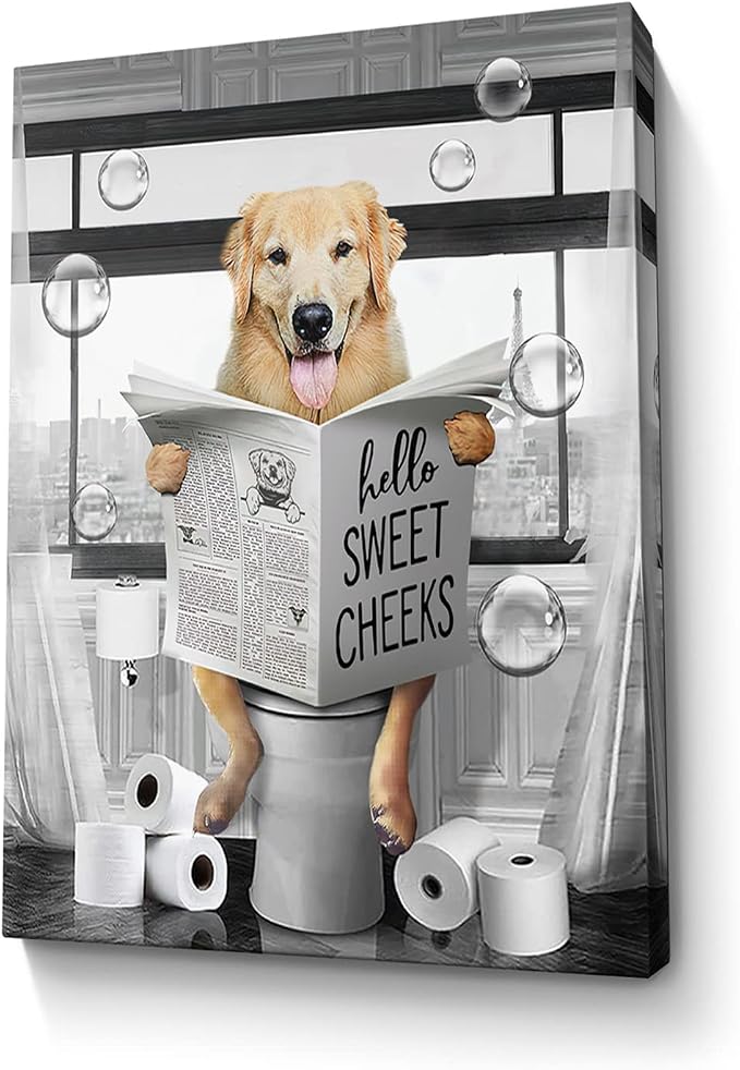 Funny Golden Retriever Wall Art Black and White Dog Bathroom Print Farmhouse Bathroom Animals Wall Decor Dog Sitting in Toilet Reading Newspaper Painting Framed Artwork for Toilet 16x24 inch