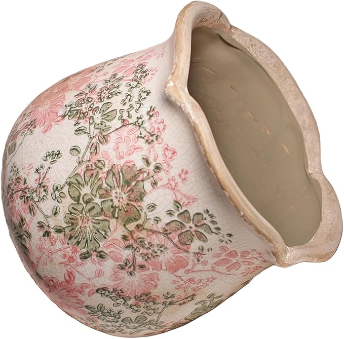 Ceramic Pots for Plants, Pink Colorful Vintage Plant Pot with Drainage Hole | 6.11 Inch Crackle Glaze Planter for Indoor/Outdoor Plants, English Cottage Shabby Chic Home Decor, Pastel Meadow