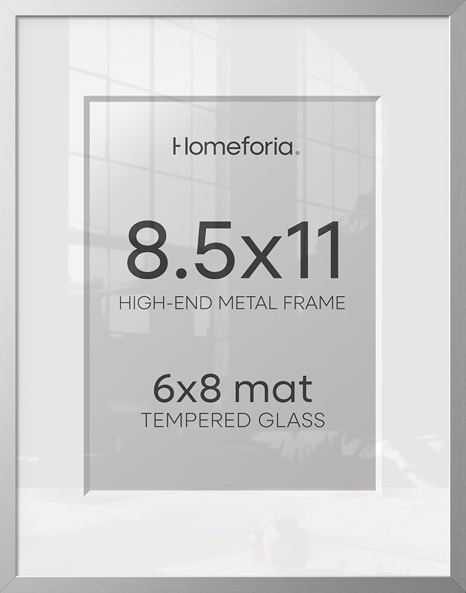 Homeforia 8.5x11 Silver Picture Frame, High-End Metal, 6x8 Mat, Glass