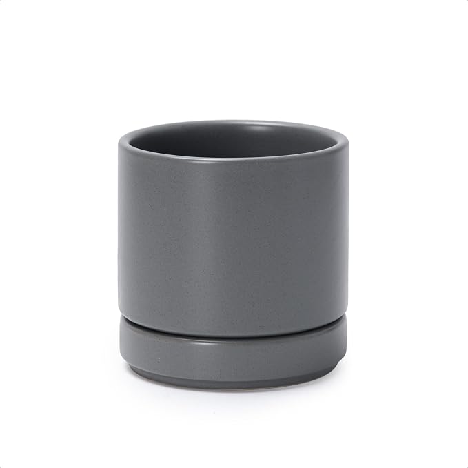 D'vine Dev 4.7 Inch Ceramic Planter Pot, Grey, 94-O-B-3 | Modern Cylinder Design, Drainage Hole & Saucer Included, Stable Structure, Elegant Home Accent