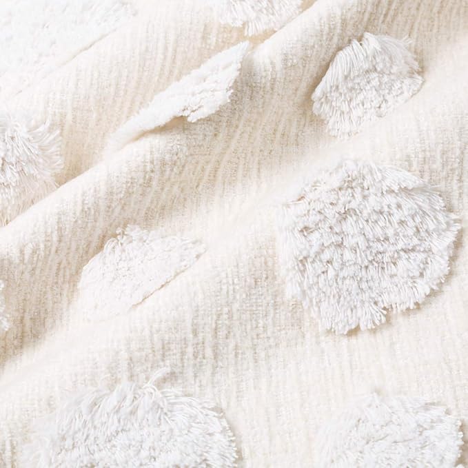 PLWORLD Boho White Lumbar Pillow Cover 12x20, Tufted Cream Chenille Case with Pom Poms & Tassels, 1PC Cover Only, No Insert