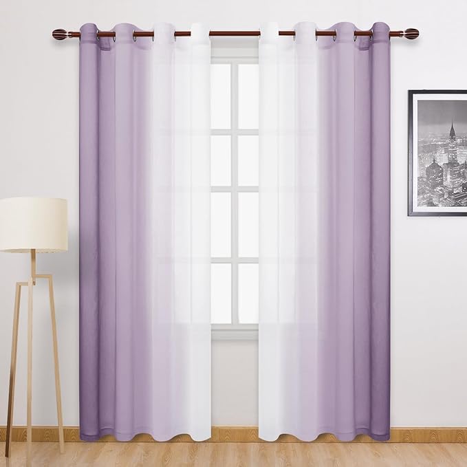 DWCN Ombre Faux Linen Extra Long Sheer Curtains - Semi Voile Gradient Grommet Top Curtains for Bedroom and Living Room, 52 x 102 Inches Long, Set of 2 Window Curtain Panels, Lavender