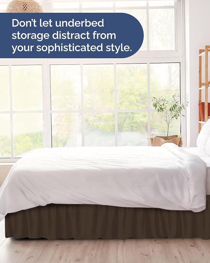 Wrap Around Dust Ruffle Bed Skirt - Brown - for Queen Size Beds w/ 9 Inch Drop - Easy Fit Elastic Strap - Adjustable Pleated Bedskirt w/Brushed Fabric - Wrinkle & Fade Free - Women, Men, Kids & Teens