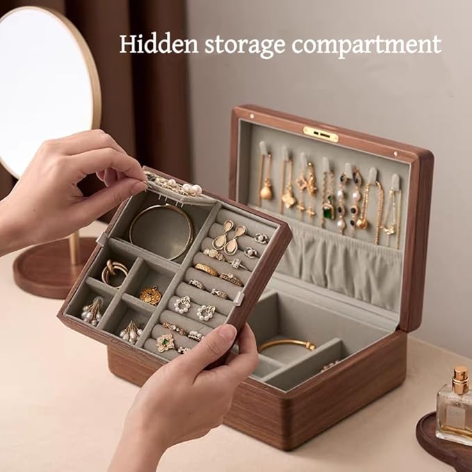 Bescott 2 Layer Solid Black Walnut Wooden Jewelry Box with Lock and Key for Women Wood Vintage Organizer for Men Earrings Rings Necklaces Bracelet Watch Storage