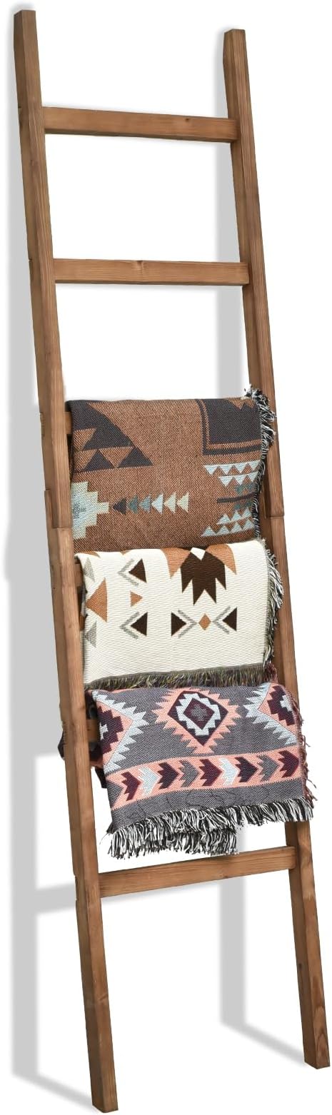 FUIN Blanket Ladder, 18.5in Wide Solid Wood Rustic Decor Rack, Brown | 6.4 ft high and 6 rungs, farmhouse towel quilt display holders, organize blankets, leaning wall, bathroom and living room use