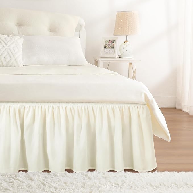 RIMELA Cream Bed Skirt Queen Size 12 Inch Drop, Wrap Around Elastic Adjustable Bedskirt, Bed skirting Dust Ruffle for Bed Frame & Box Spring Soft Durable Fabric Machine Washable Easy to Install | Solid Ruffled, Easy to Use, No Mattress Lifting, Wrinkle...