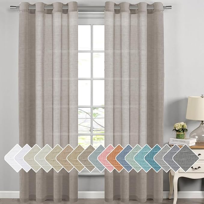 H.VERSAILTEX Linen Curtains Flax Linen Blended Curtain Panels for Living Room/Bedroom Semi Sheer Privacy Curtains 108 inch Length 2 Panels Set Nickel Grommet Window Drapes,Taupe