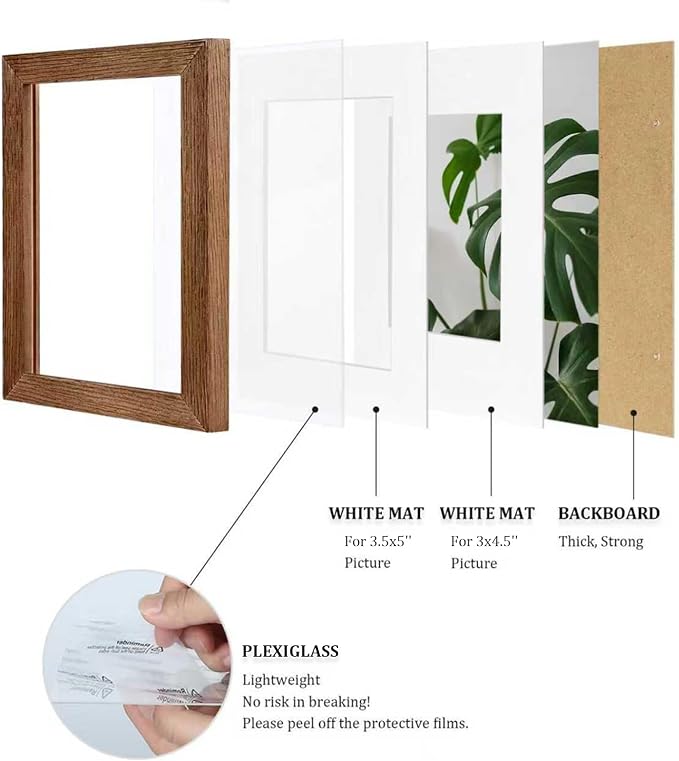 Egofine 4x6 Picture Frames Set of 4, Made of Solid Wood Covered by Plexiglass 3x4.5 and 3.5x5 with Mat or 4x6 without Mat, for Table Top Display and Wall Mounting Photo Frame,Walnut Brown