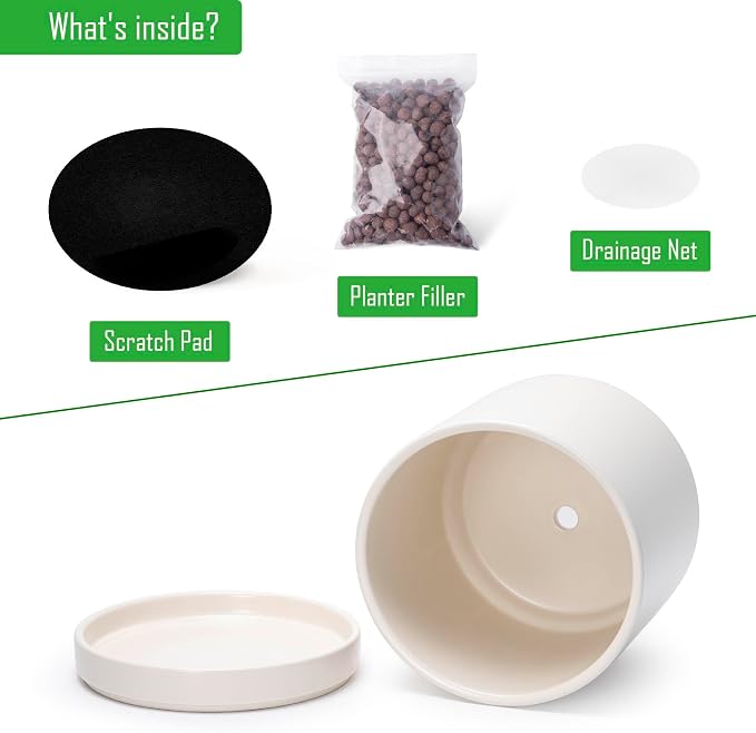 D'vine Dev 8.2 Inch Ceramic Planter Pot, Oatmeal, 94-O-D-8 | Modern Cylinder Design, Drainage Hole & Saucer Included, Stable Structure, Elegant Home Accent
