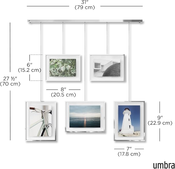 Umbra Exhibit Picture Frame Set, Adjustable Wall Mount, Set of 5, Chrome | Steel construction, customizable layout, damage-free hanging, fits 4x6 and 5x7 photos, includes mounting hardware
