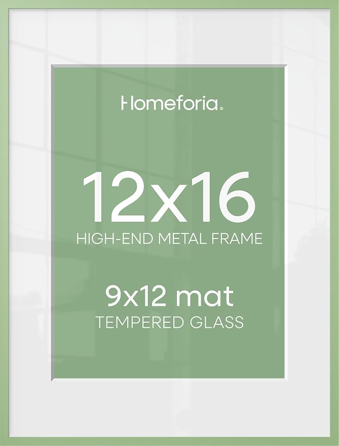 Homeforia 12x16 Green Picture Frame, High-End Metal, 9x12 Mat, Glass