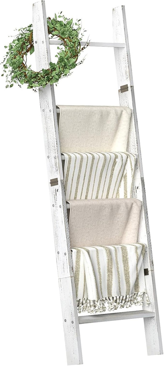 Honest Blanket Ladders for the Living Room, 6-Tier Blanket Holder, Wall-Leaning Blanket Rack, Ladder Shelves, Wooden Quilt Ladder, Farmhouse Decor, White