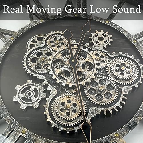 27 Inch Moving Gear Wall Clock, Oversized Wall Clocks, Clock Living Room Decor, Solid Wood Frame, Battery Operated, Large Wall Clock with Steampunk Industrial for Fireplace(Black)