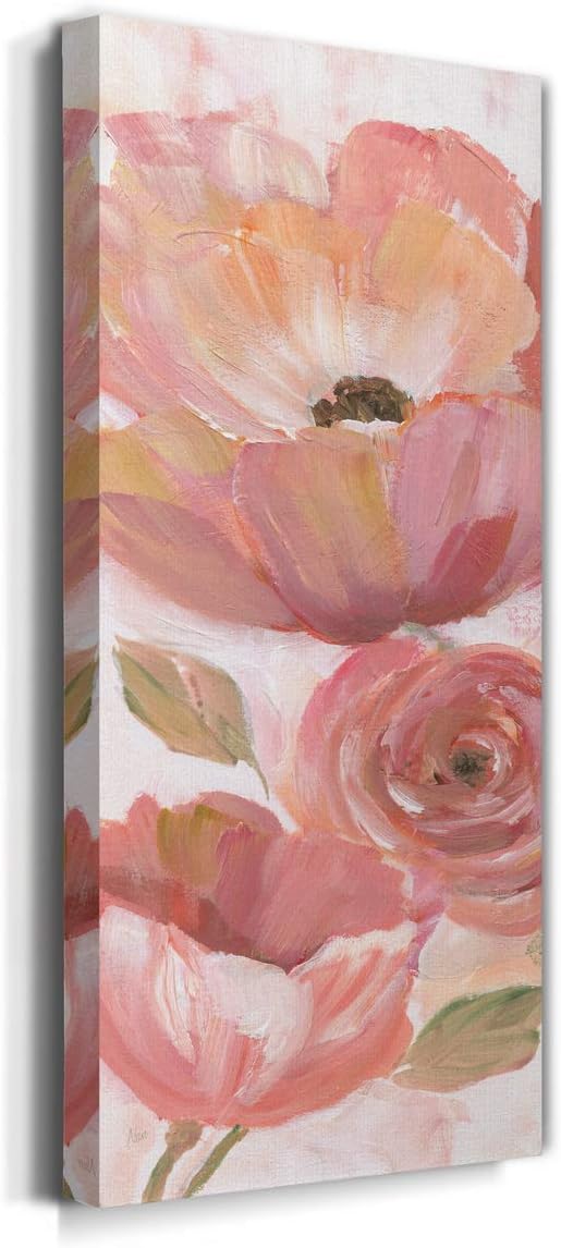 Renditions Gallery Canvas Floral Wall Art Home Paintings & Prints Pink Blooming Flowers Romantic Modern Vibrant Wall Hanging Decorations for Bedroom Office Kitchen - 8"x16" LT43