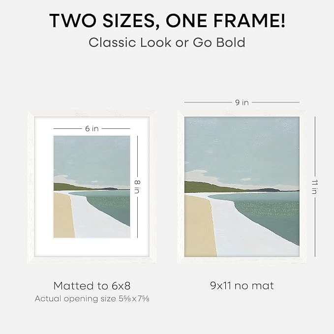 Homeforia 9x11 White Oak Picture Frame, High-End Wood, 6x8 Mat, Glass